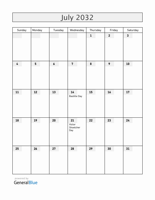 Guadeloupe July 2032 Calendar with Holidays