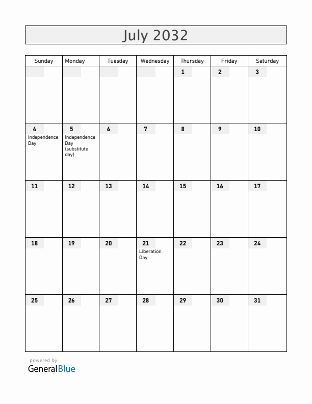 Guam July 2032 Calendar with Holidays