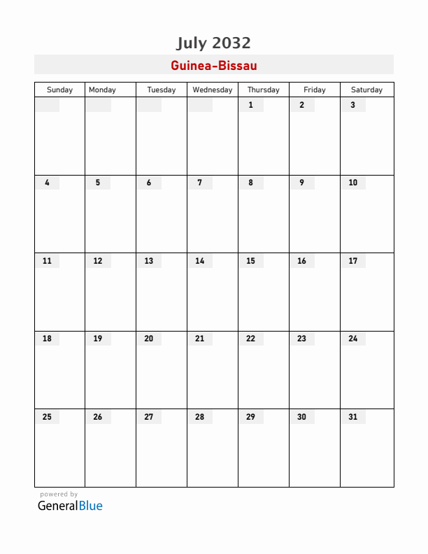 Guinea-Bissau July 2032 Calendar with Holidays