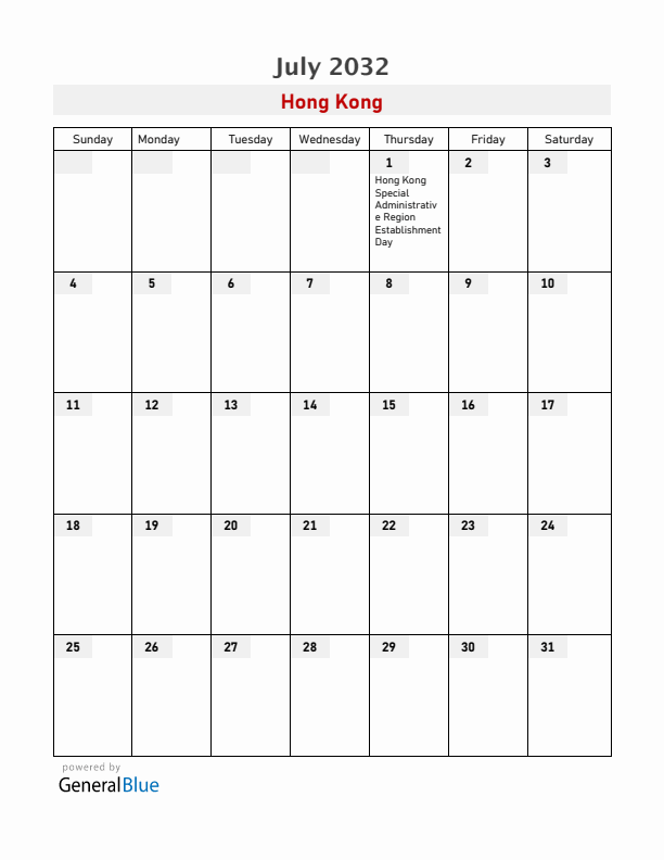 Hong Kong July 2032 Calendar with Holidays