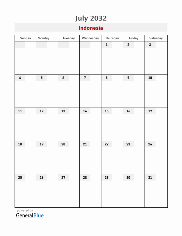 Indonesia July 2032 Calendar with Holidays