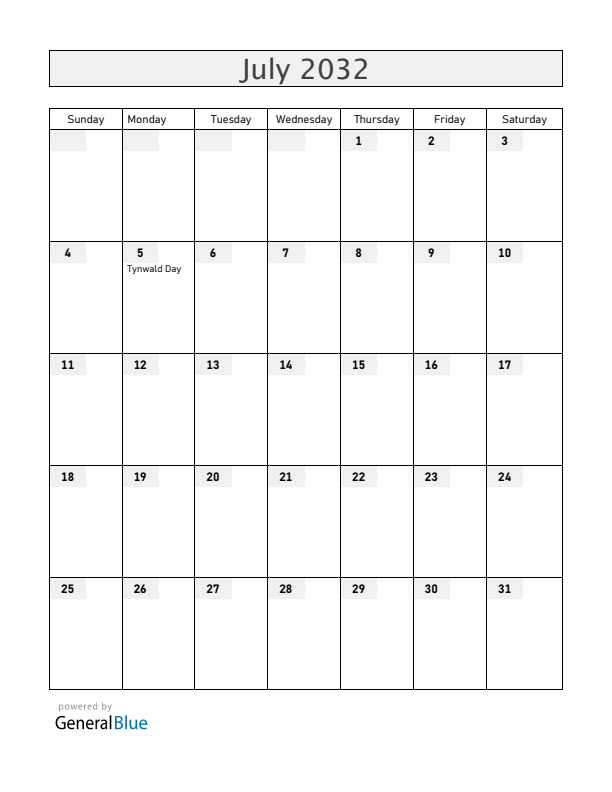 Isle of Man July 2032 Calendar with Holidays