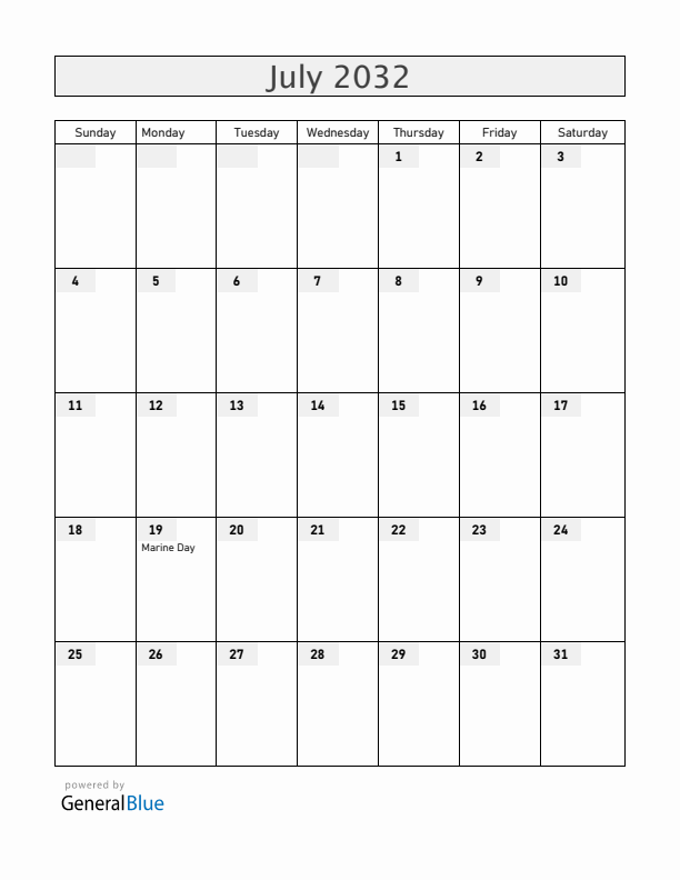 Japan July 2032 Calendar with Holidays