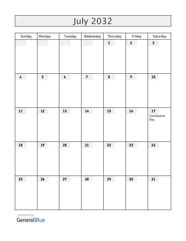 South Korea July 2032 Calendar with Holidays