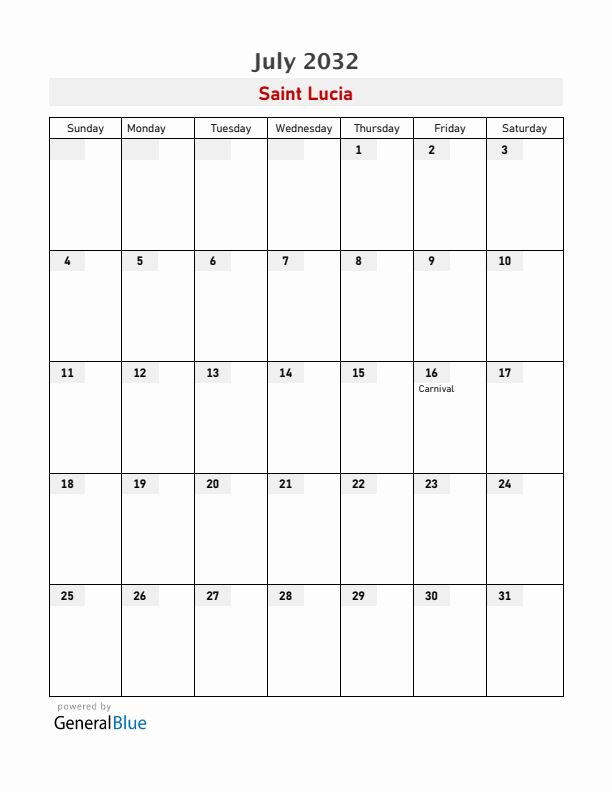 Saint Lucia July 2032 Calendar with Holidays