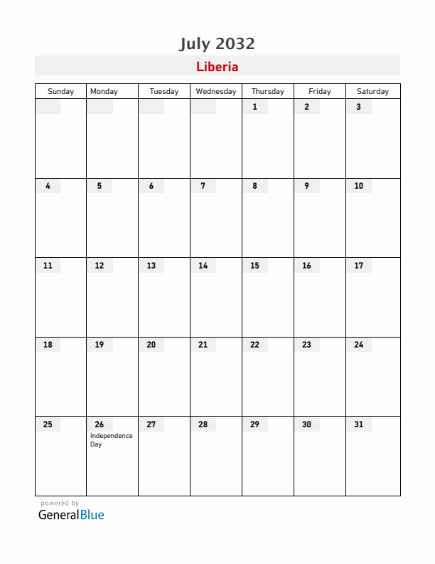 Liberia July 2032 Calendar with Holidays