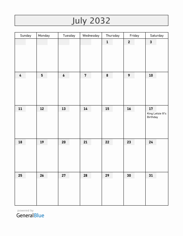 Lesotho July 2032 Calendar with Holidays