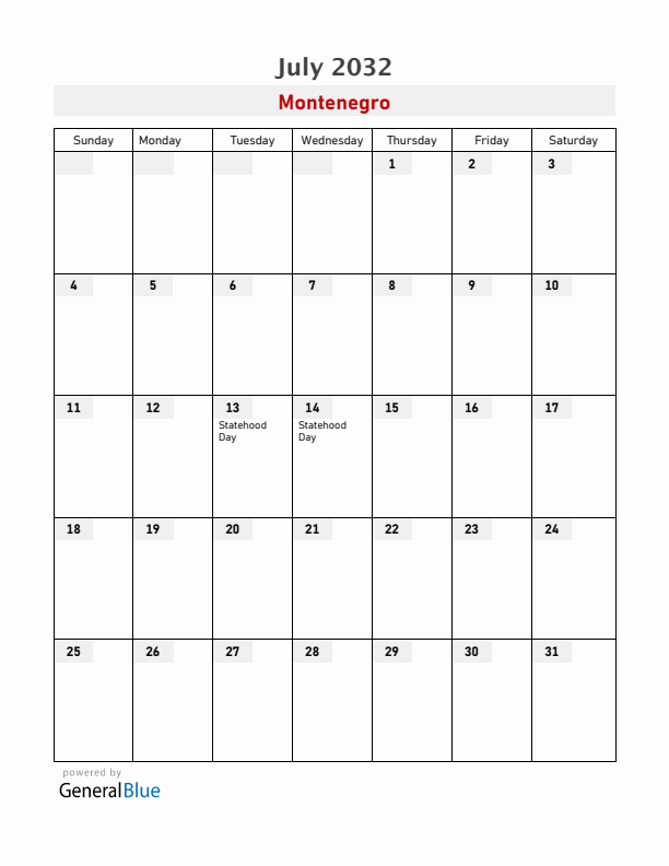 Montenegro July 2032 Calendar with Holidays