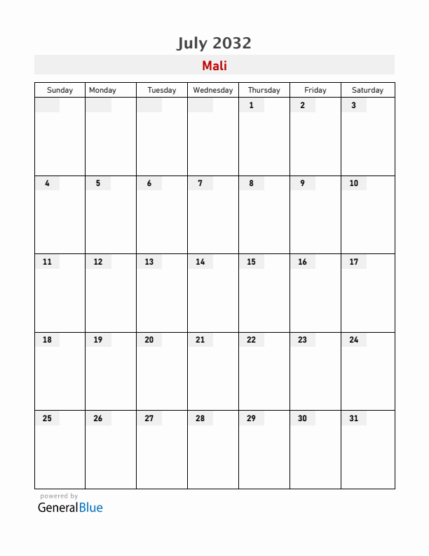 Mali July 2032 Calendar with Holidays