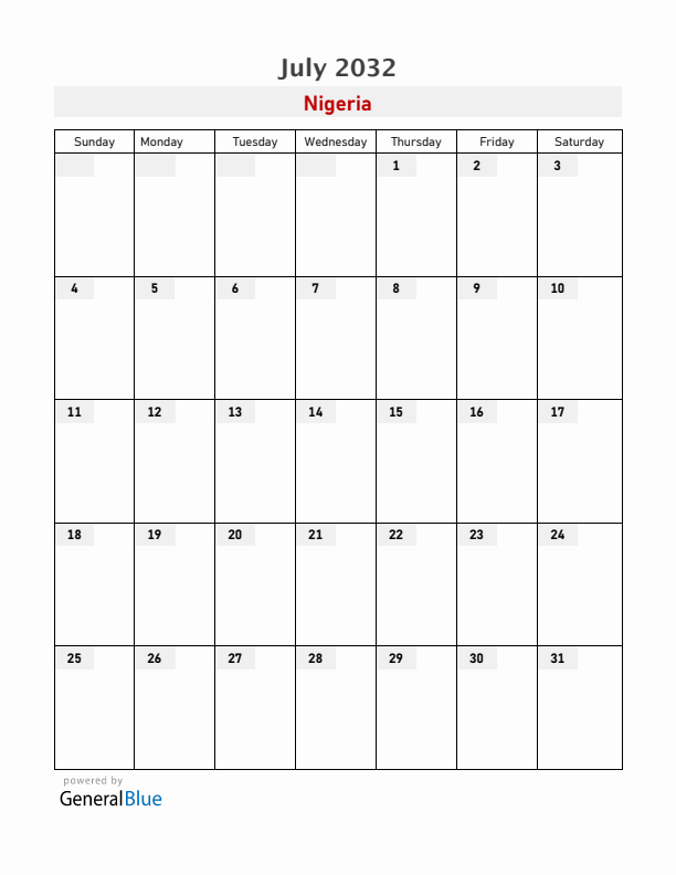 Nigeria July 2032 Calendar with Holidays