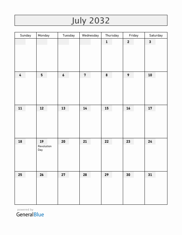 Nicaragua July 2032 Calendar with Holidays