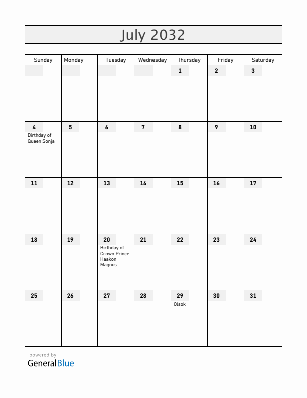 Norway July 2032 Calendar with Holidays