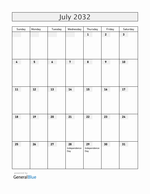 Peru July 2032 Calendar with Holidays