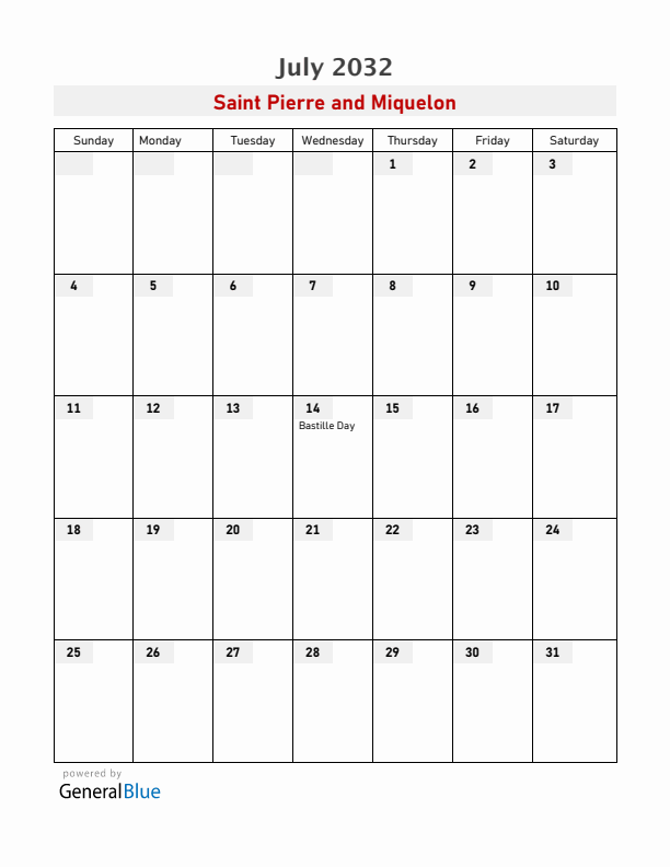 Saint Pierre and Miquelon July 2032 Calendar with Holidays