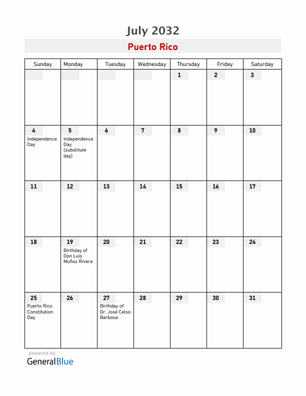 Puerto Rico July 2032 Calendar with Holidays
