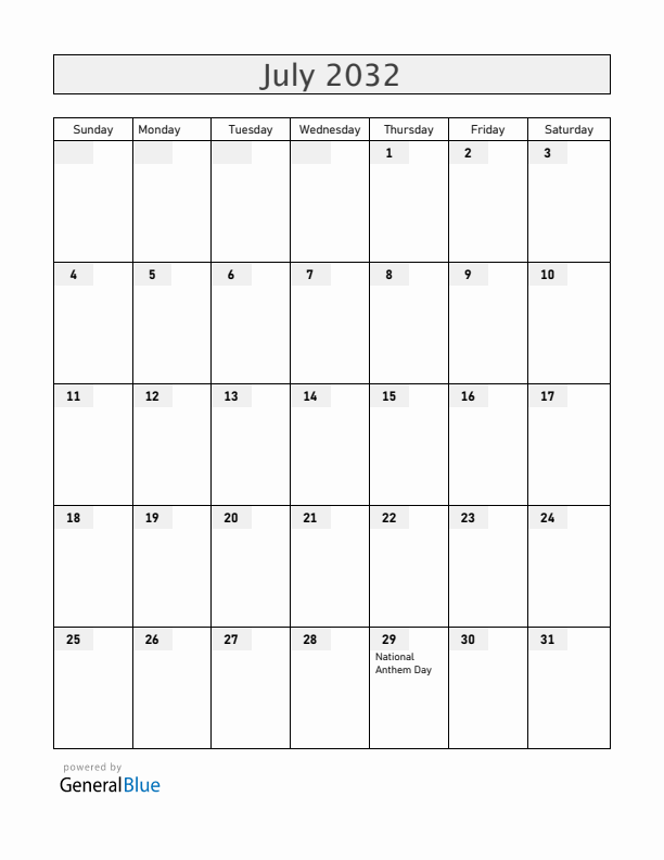 Romania July 2032 Calendar with Holidays