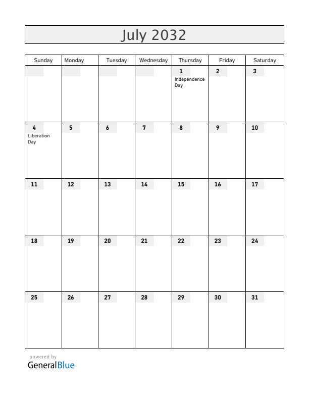 Rwanda July 2032 Calendar with Holidays