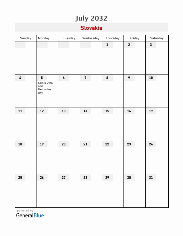Slovakia July 2032 Calendar with Holidays