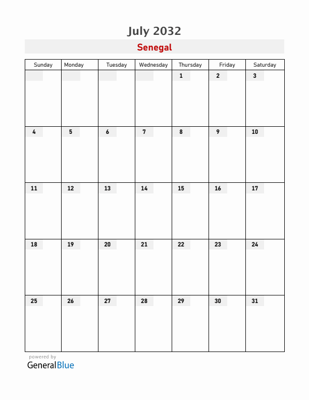 Senegal July 2032 Calendar with Holidays