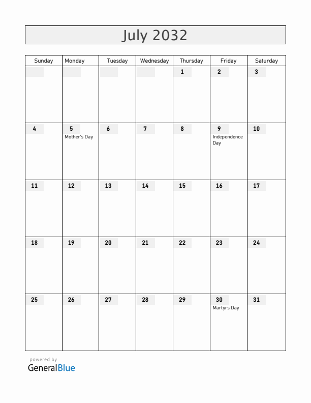 South Sudan July 2032 Calendar with Holidays