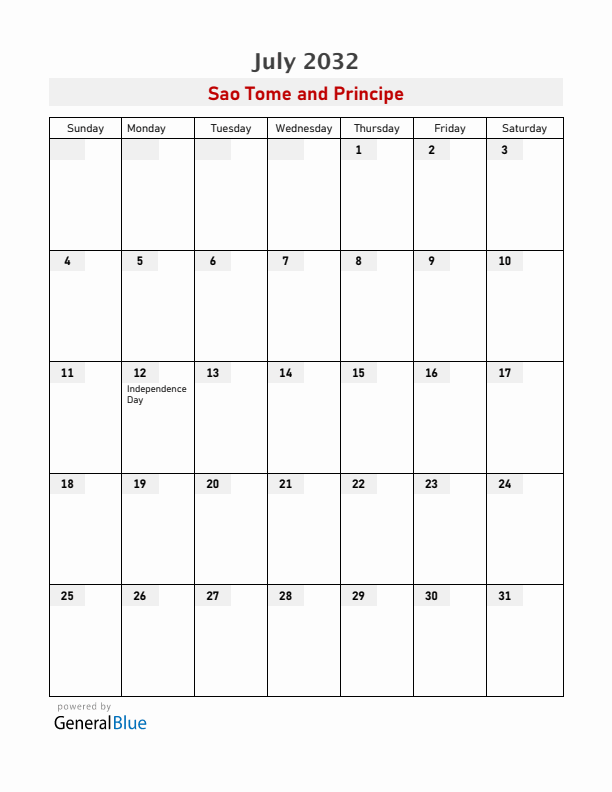 Sao Tome and Principe July 2032 Calendar with Holidays
