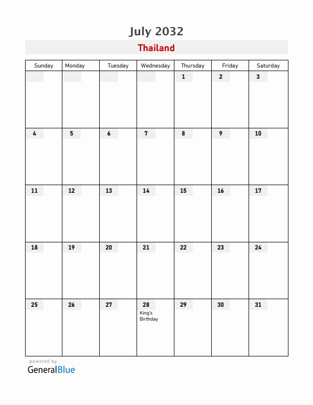 Thailand July 2032 Calendar with Holidays