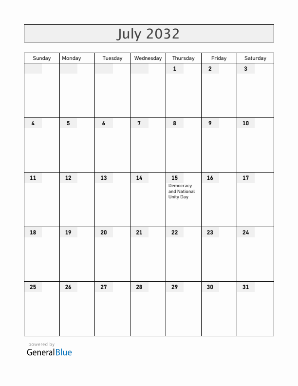 Turkey July 2032 Calendar with Holidays