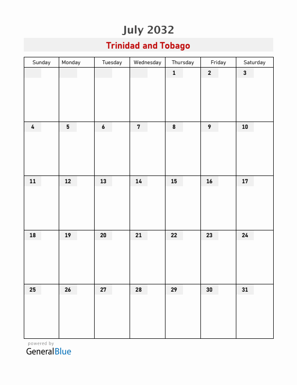 Trinidad and Tobago July 2032 Calendar with Holidays