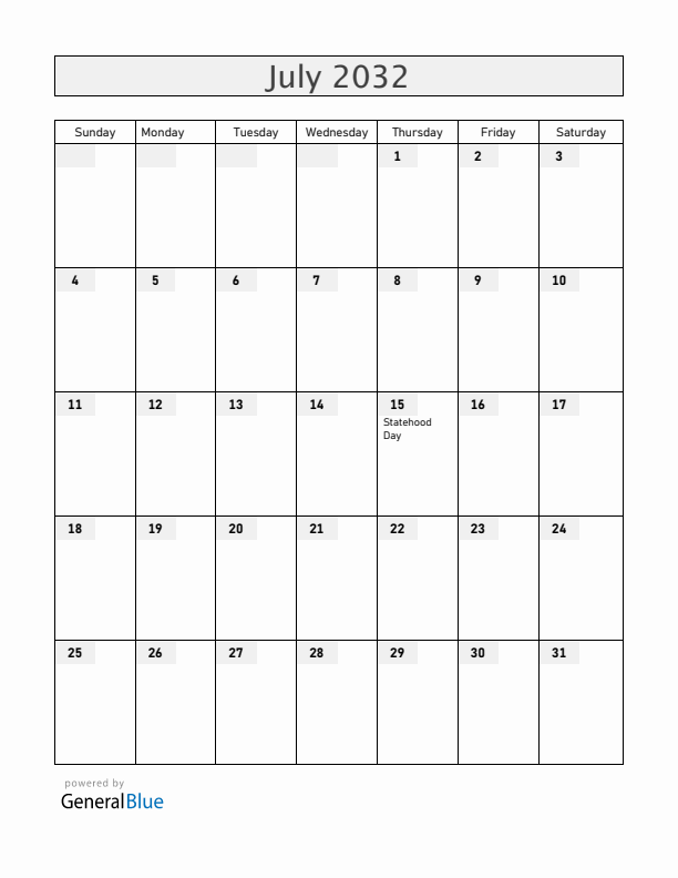 Ukraine July 2032 Calendar with Holidays