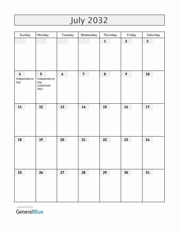 United States July 2032 Calendar with Holidays