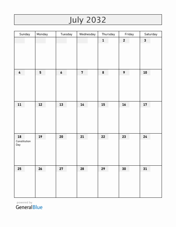 Uruguay July 2032 Calendar with Holidays