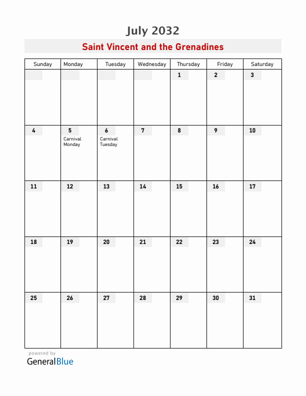 Saint Vincent and the Grenadines July 2032 Calendar with Holidays
