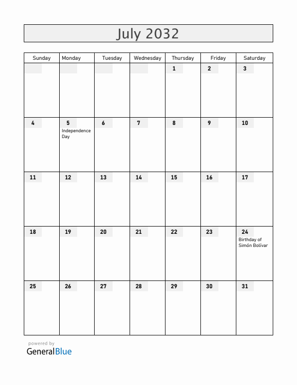 Venezuela July 2032 Calendar with Holidays