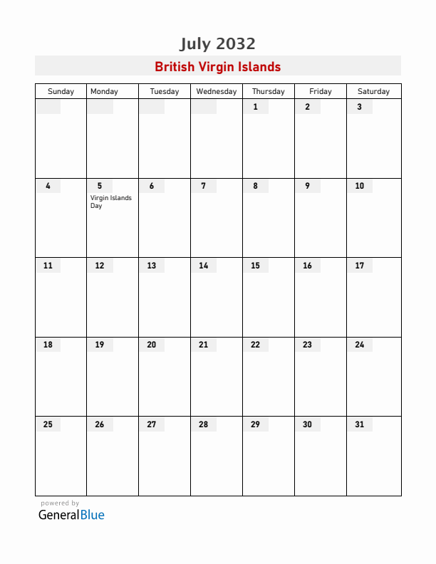 British Virgin Islands July 2032 Calendar with Holidays