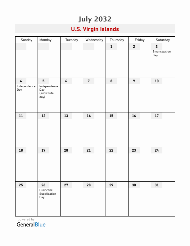 U.S. Virgin Islands July 2032 Calendar with Holidays