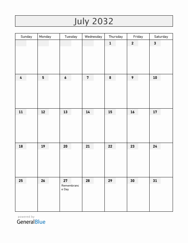 Vietnam July 2032 Calendar with Holidays