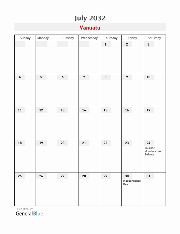 Vanuatu July 2032 Calendar with Holidays