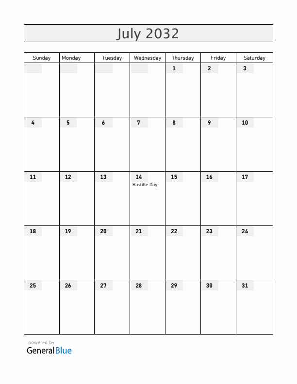 Mayotte July 2032 Calendar with Holidays