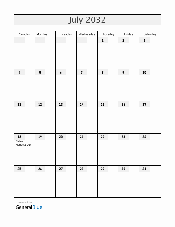 South Africa July 2032 Calendar with Holidays