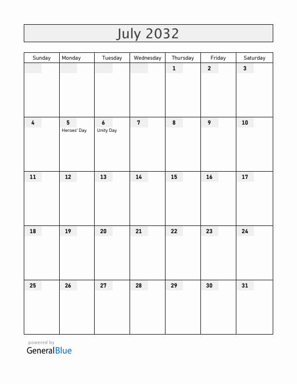 Zambia July 2032 Calendar with Holidays
