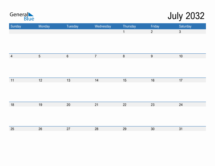 Fillable Calendar for July 2032