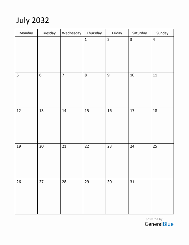 Monday Start Calendar for July 2032