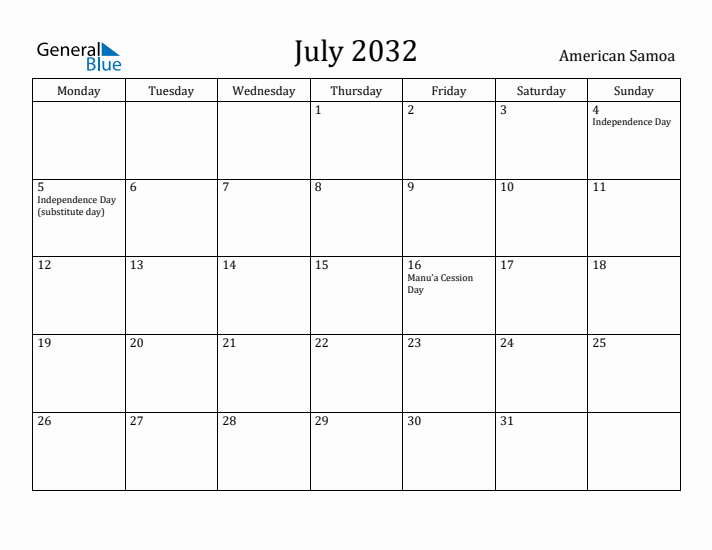 July 2032 Calendar American Samoa