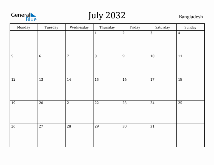 July 2032 Calendar Bangladesh