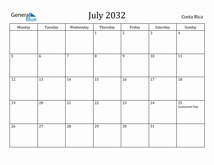 July 2032 Calendar Costa Rica