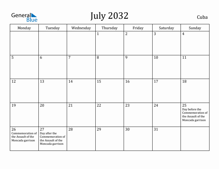 July 2032 Calendar Cuba