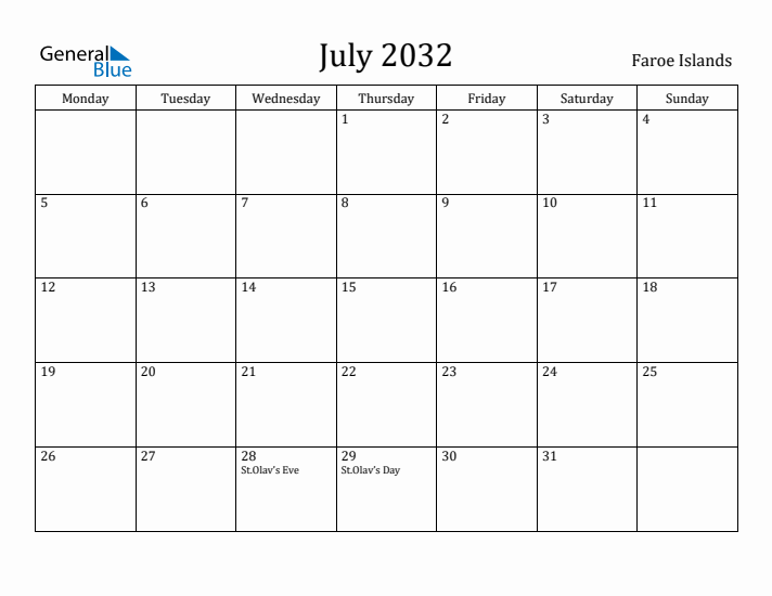 July 2032 Calendar Faroe Islands