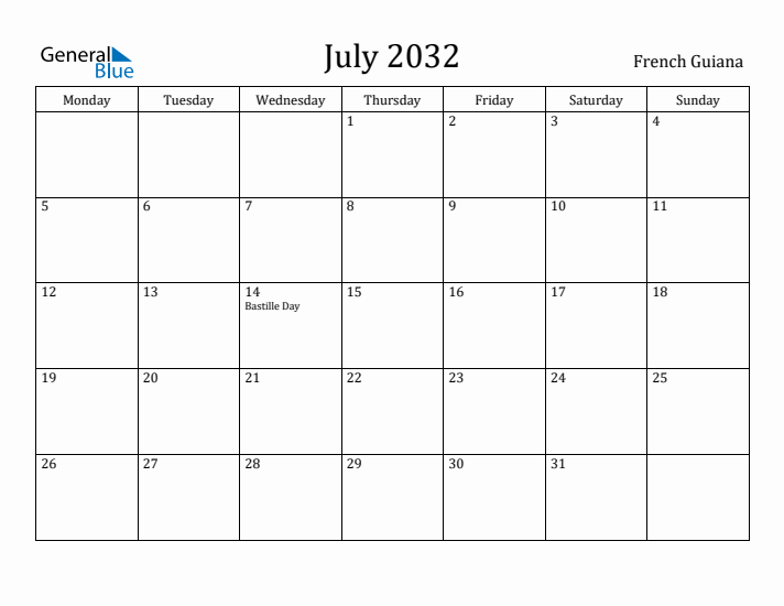 July 2032 Calendar French Guiana