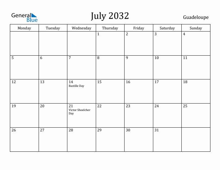 July 2032 Calendar Guadeloupe