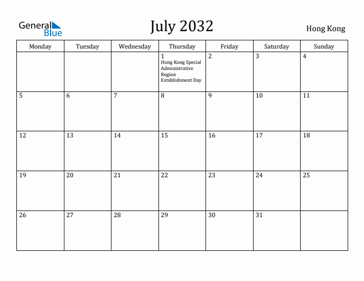 July 2032 Calendar Hong Kong